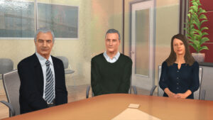 Virtual avatars at a table during a meeting.