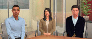 Three Avatars in a corporate business meeting.