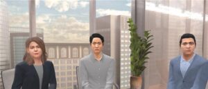 Three avatars sat in an office with big glass windows.