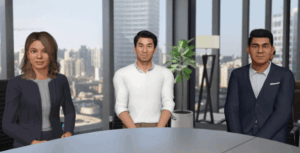 Three avatars sat at a desk