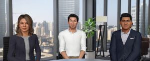 Three avatars sat at desk