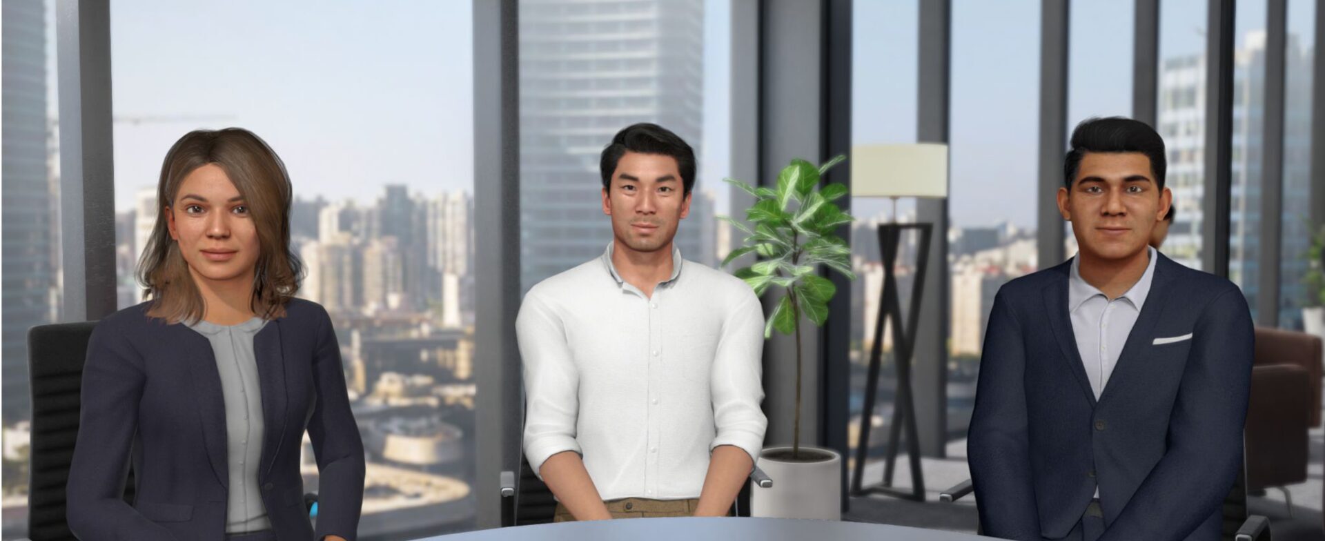 Three avatars sat at desk